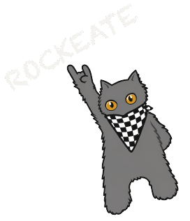 El gato de Rockeate con bandana a cuadros haciendo el saludo del rock